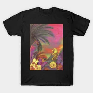 EXOTIC TROPICAL ISLAND PRINT, ART POSTER PARROT PICTURE ART FLOWERS T-Shirt